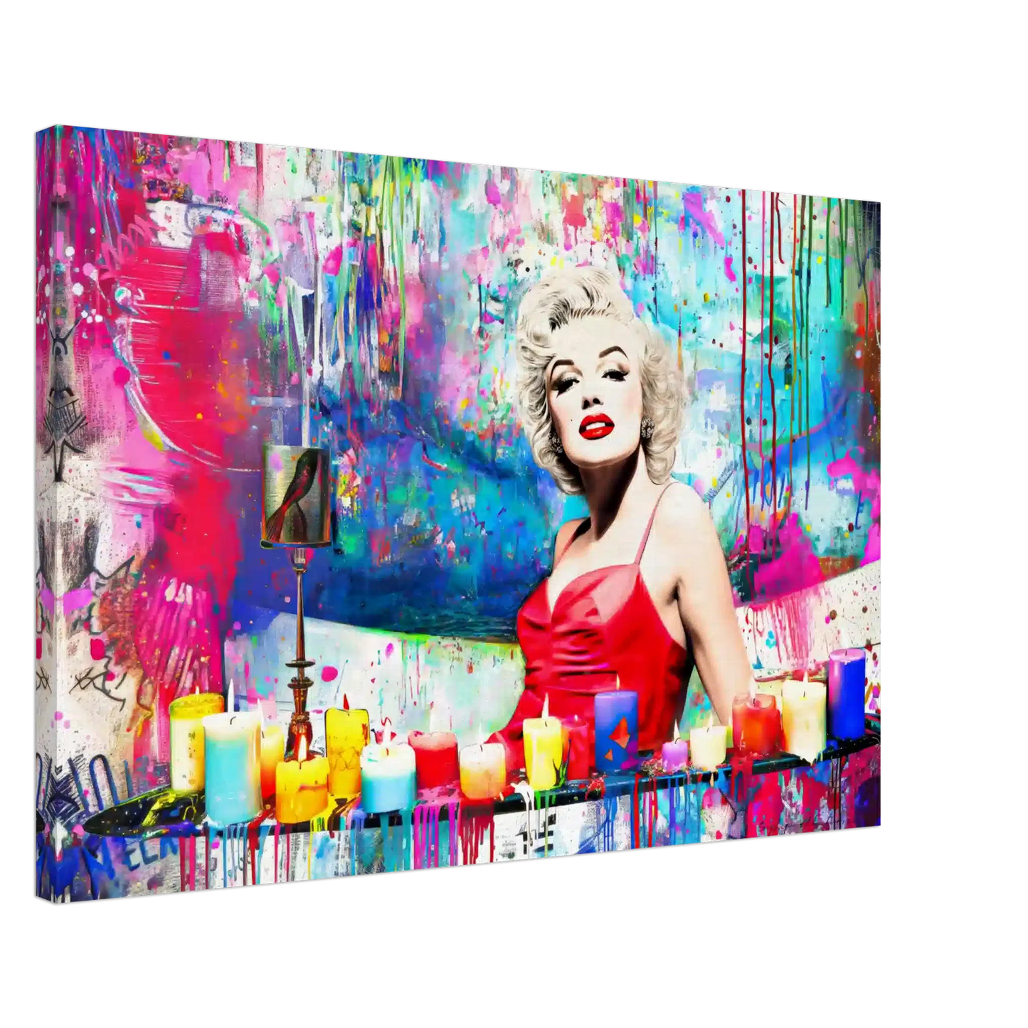 Thick Canvas print of Marilyn Monroe in a red dress, sitting in a bathtub, surrounded by colorful candles and paint splashes. Marilyn's Candles and Paint-Graphique Addictions.