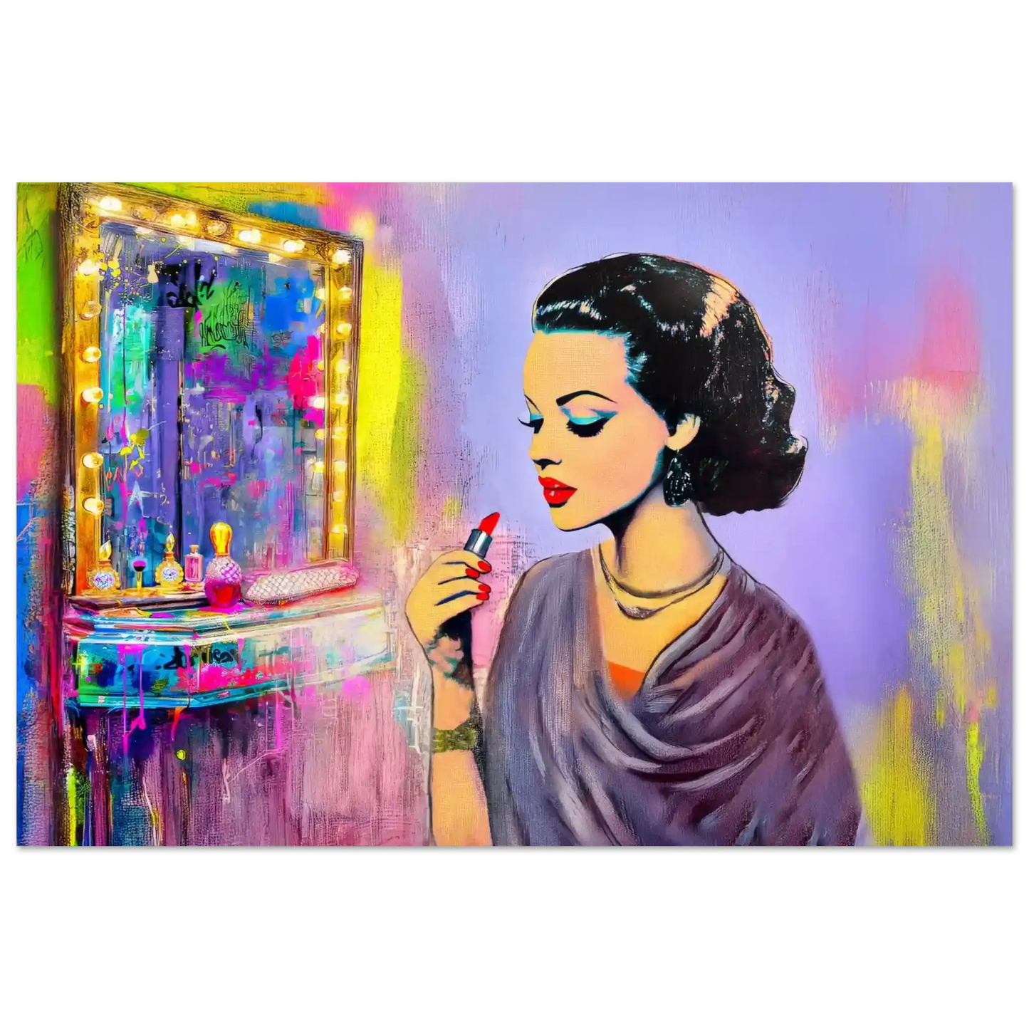 dark haired woman applying lipstick in front of a vanity mirror, with vintage makeup tools and colorful bold color. Hollywood Vintage Starlet-Graphique Addictions.