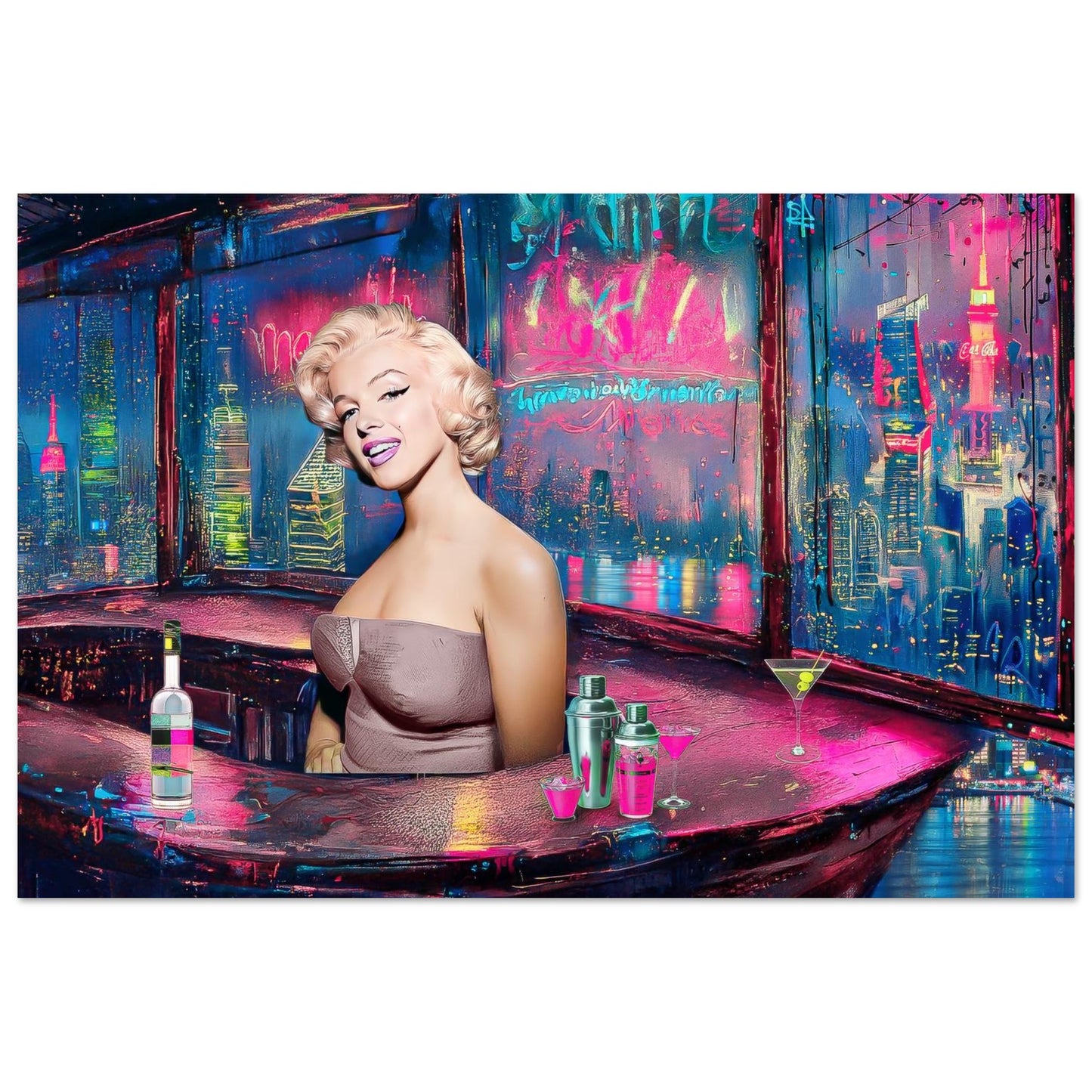 pop art print of marilyn monroe as a bartender in a colorful cyberpunk bar overlooking the NYC skyline through the window. Graphique Addictions