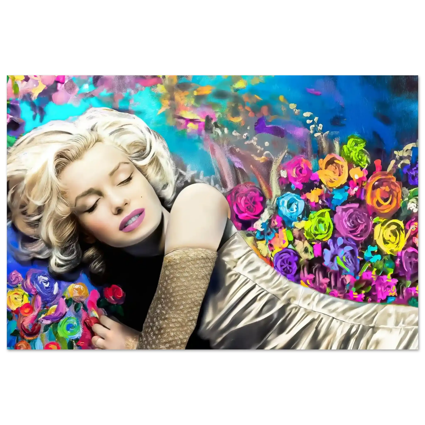 Art portrait of marilyn monroe sleeping in bed, with colorful flowers surrounding her. Graphique Addictions.