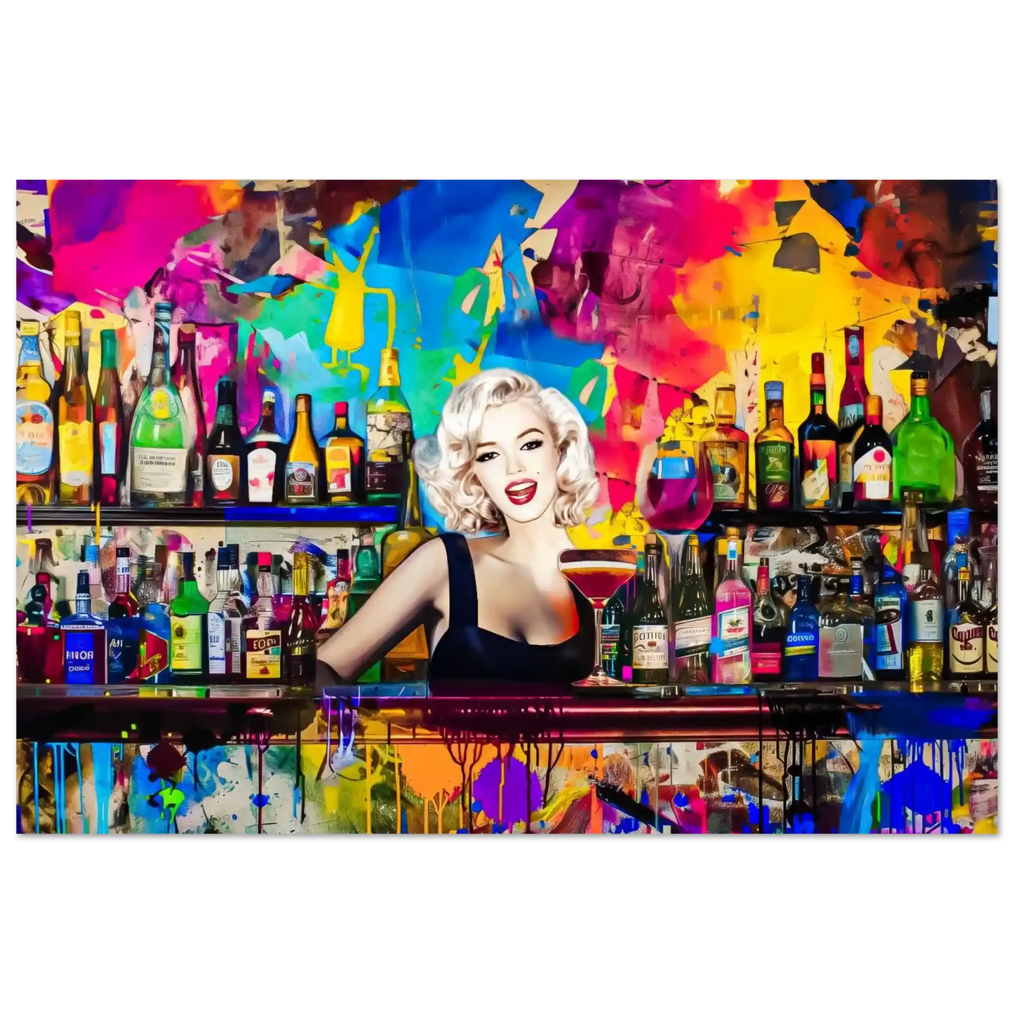 Horizontal art print of Marilyn Monroe as a bartender, in a colorful bar surrounded by vibrant abstract patterns and shelves stocked with colorful liquor bottles. Monroe Mixology-Graphique Addictions.