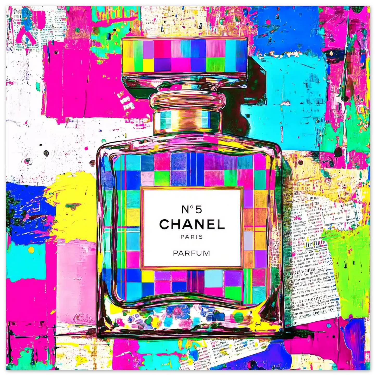 Art print of Chanel No. 5 perfume bottle with colorful, neon abstract and graffiti paint splashes. Graphique Addictions.