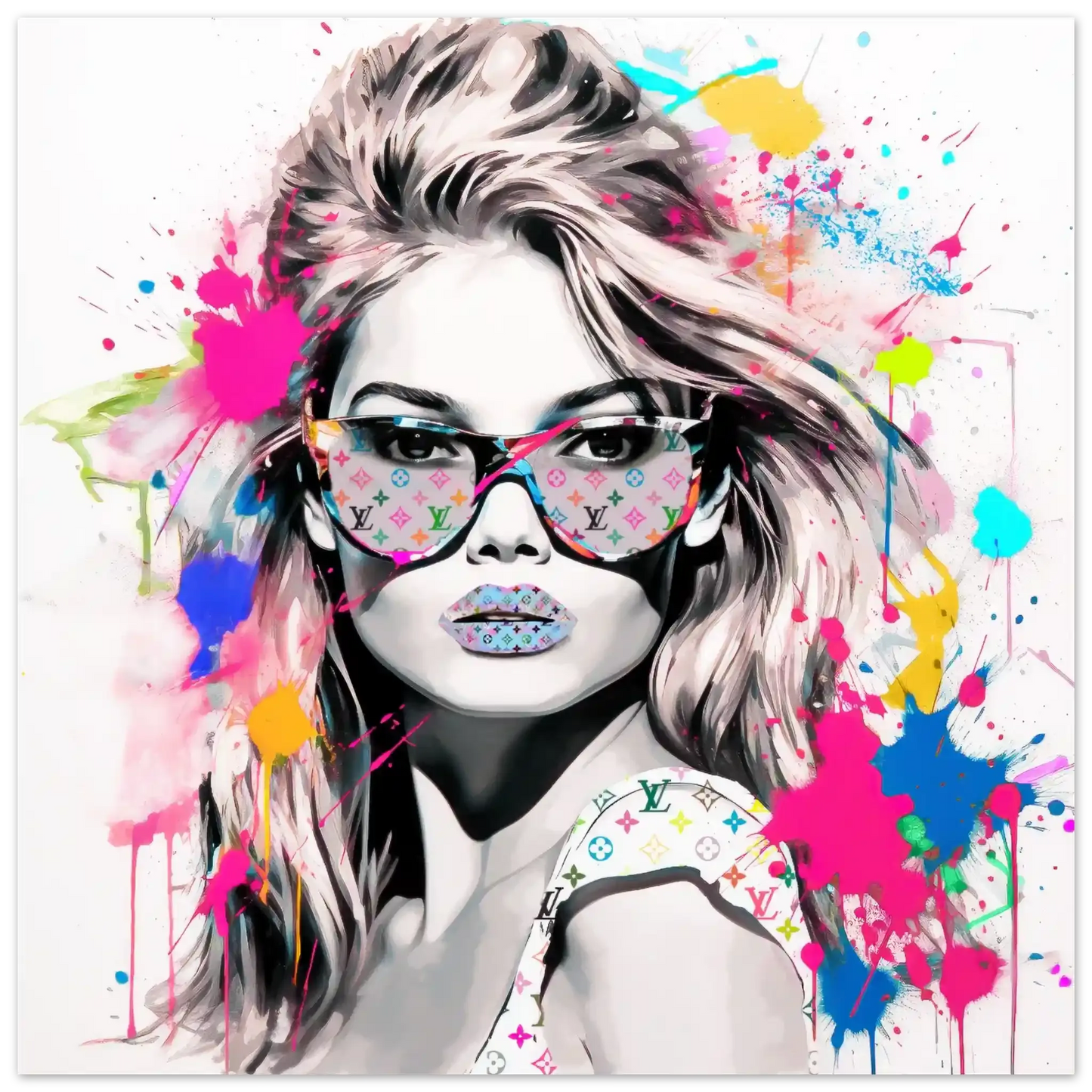 Art print of Brigitte Bardot wearing sunglasses with Louis Vuitton multi-colored monogram, colorful paint splashes on a white background. Vuitton Vision, Graphique Addictions.