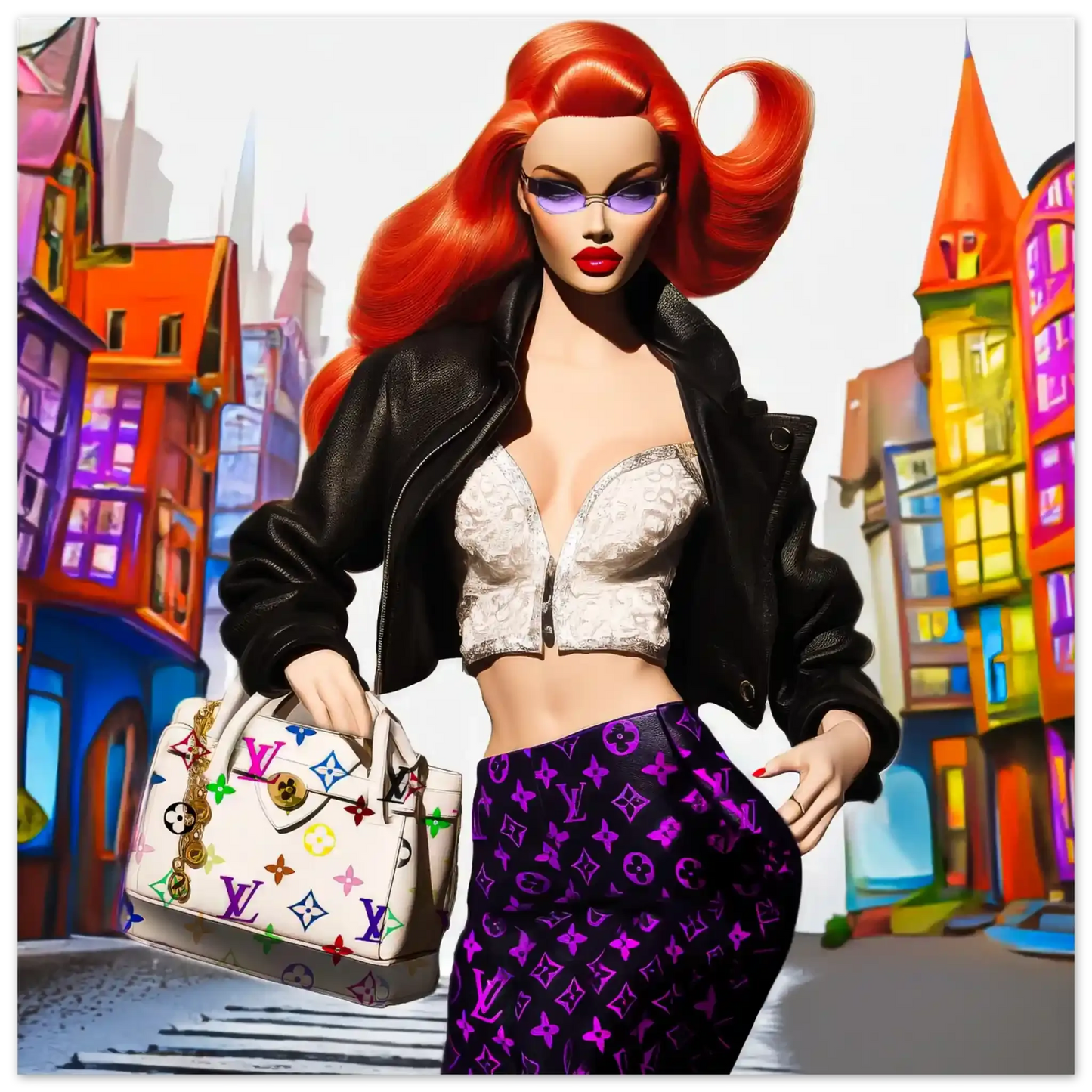 Art print of red-haired fashion doll in white halter top, black leather skirt, holding Louis Vuitton bag with colorful building backdrop. City Doll Pop-Graphique Addictions.