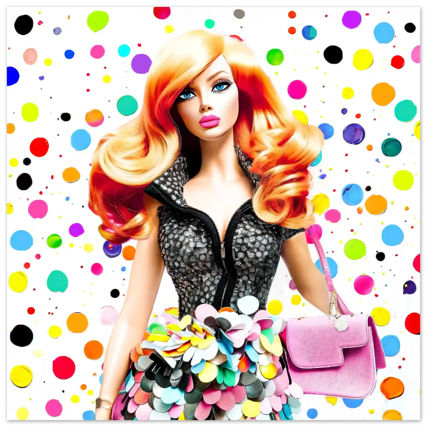 Printed artwork of a fashion doll with long red blonde hair, wearing a polka dot skirt and holding a pink purse against a white background with colorful polka dots. The piece is titled Dazzling Dots Doll-Graphique Addictions.