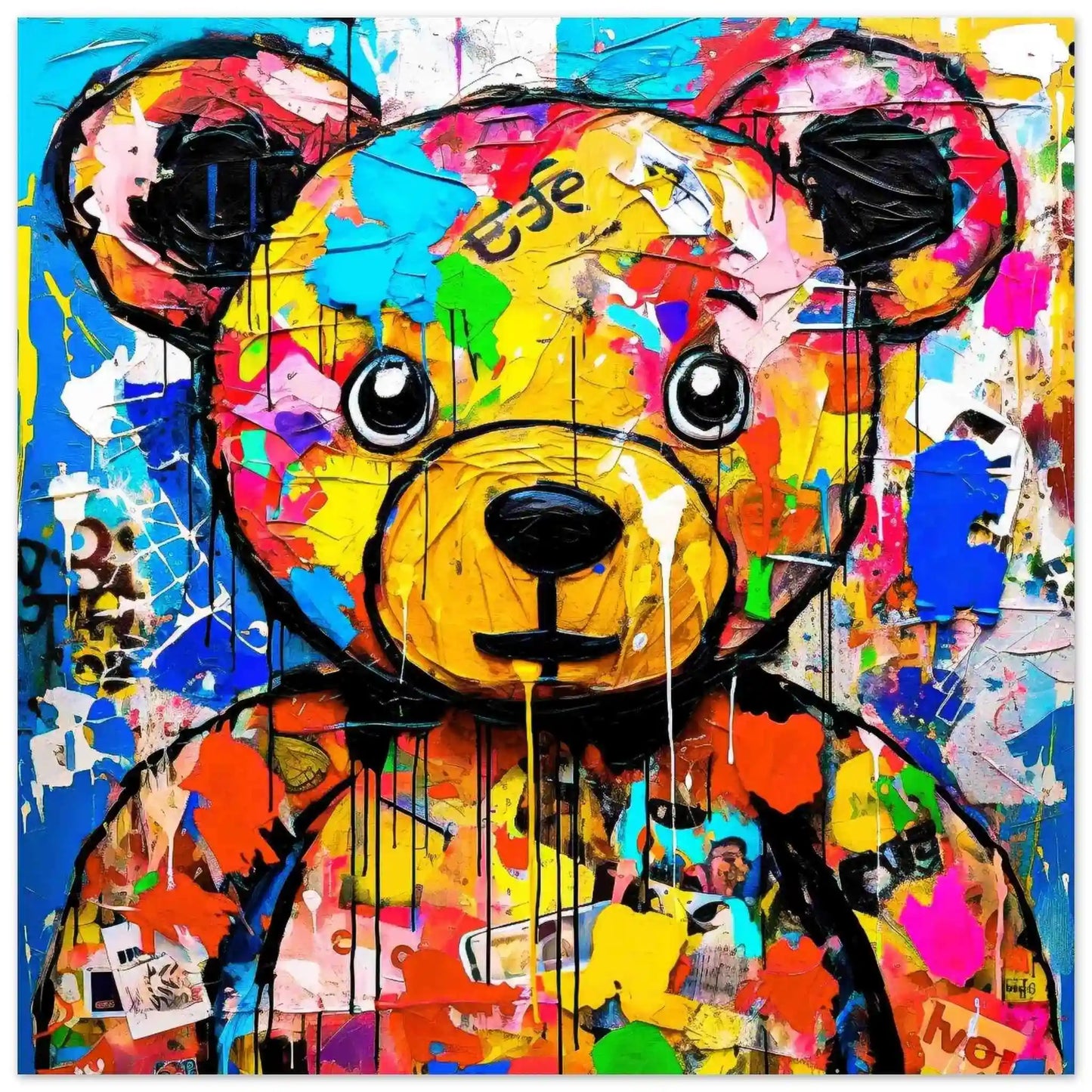 Art print of teddy bear with multi-colored paint splashes, canvas print. Fluffy Street Vogue-Graphique Addictions