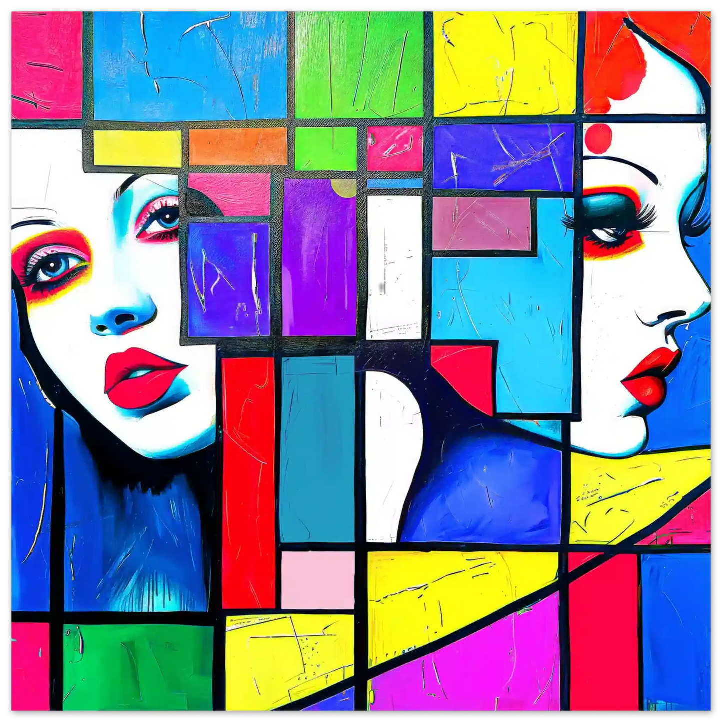 Abstract art print of two women's faces, created with vibrant multi-colored geometric shapes. Geometric Cubism Chics-Graphique Addictions.