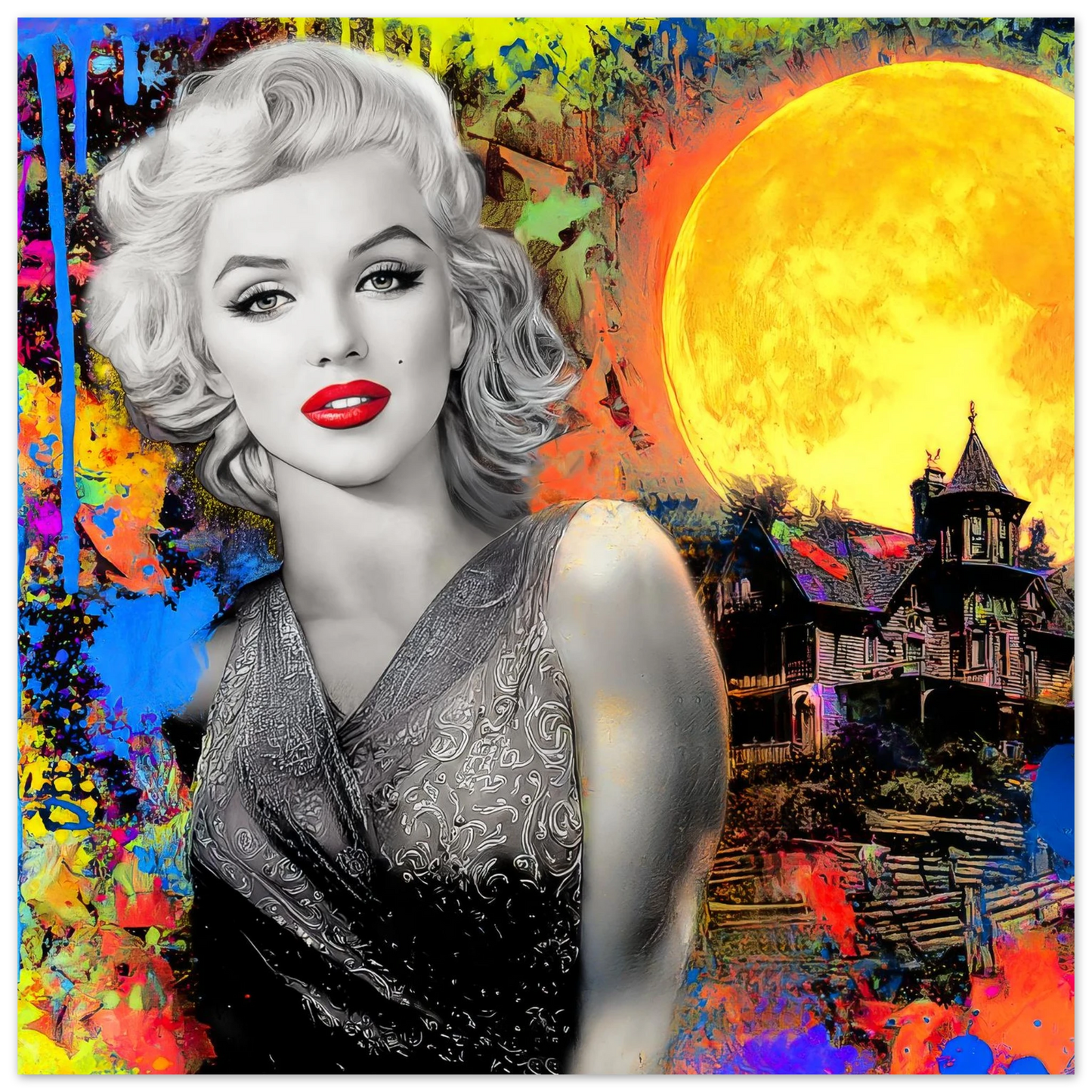 colorful art painting of marilyn monroe with paint splashes and a moon and haunted house behind her. Haunted Moonlight Vixen-Graphique Addictions.