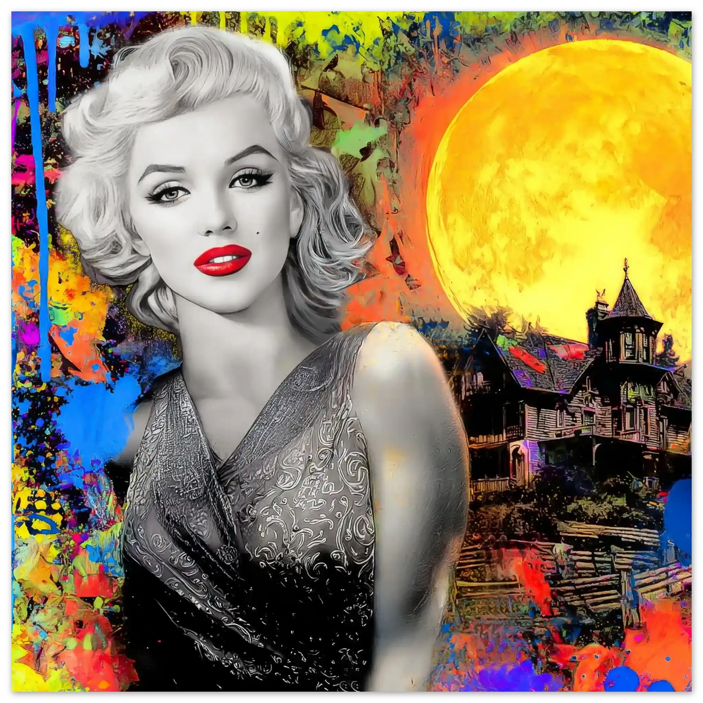 colorful art painting of marilyn monroe with paint splashes and a moon and haunted house behind her. Haunted Moonlight Vixen-Graphique Addictions.