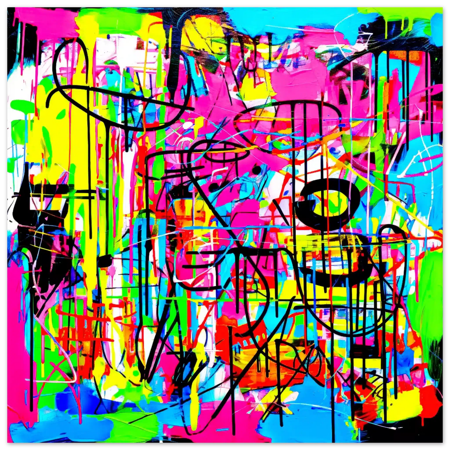 Art print of an abstract painting of bold, neon colors in pink, blue, green, yellow, orange, black, and white, graffiti-style brushstrokes and splashes. Liquid Chaos-Graphique Addictions.