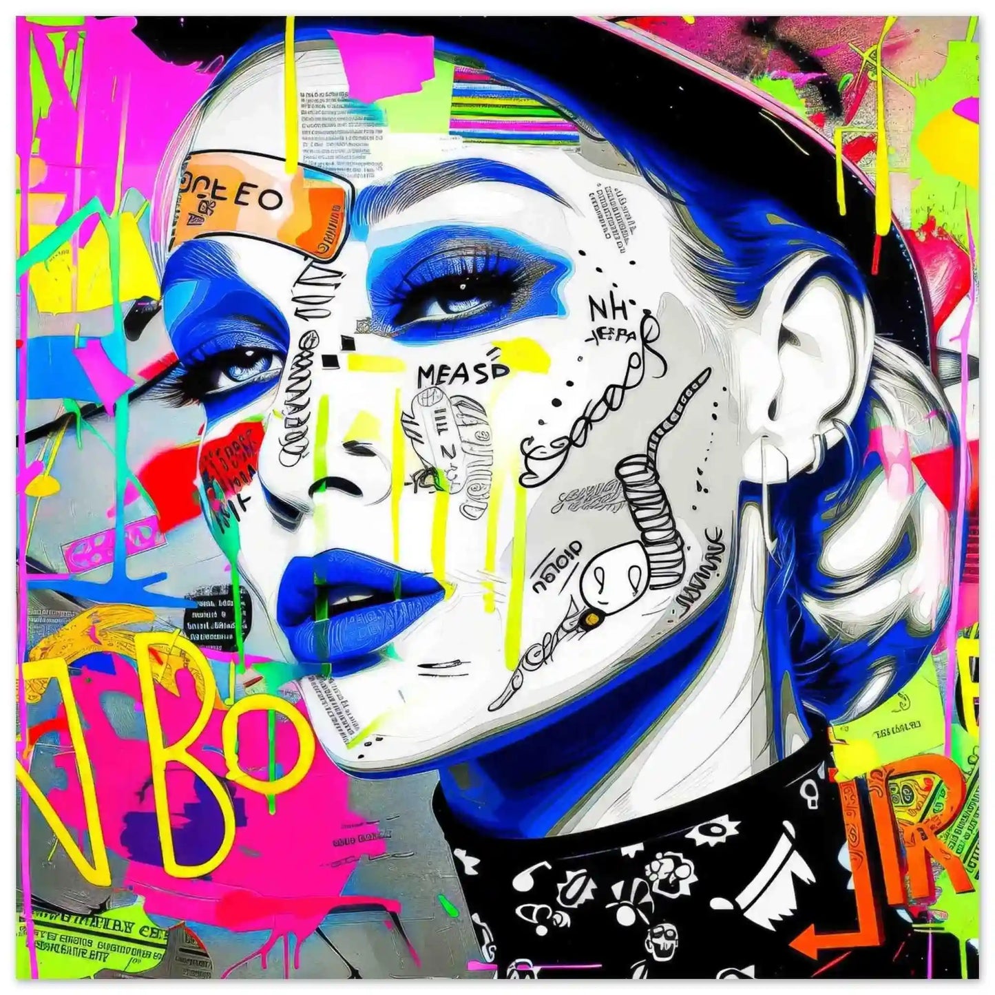Art print of a close-up of a woman's face covered in vibrant stickers and graffiti, wearing blue lipstick. Neon Noir Vixen-Graphique Addictions.