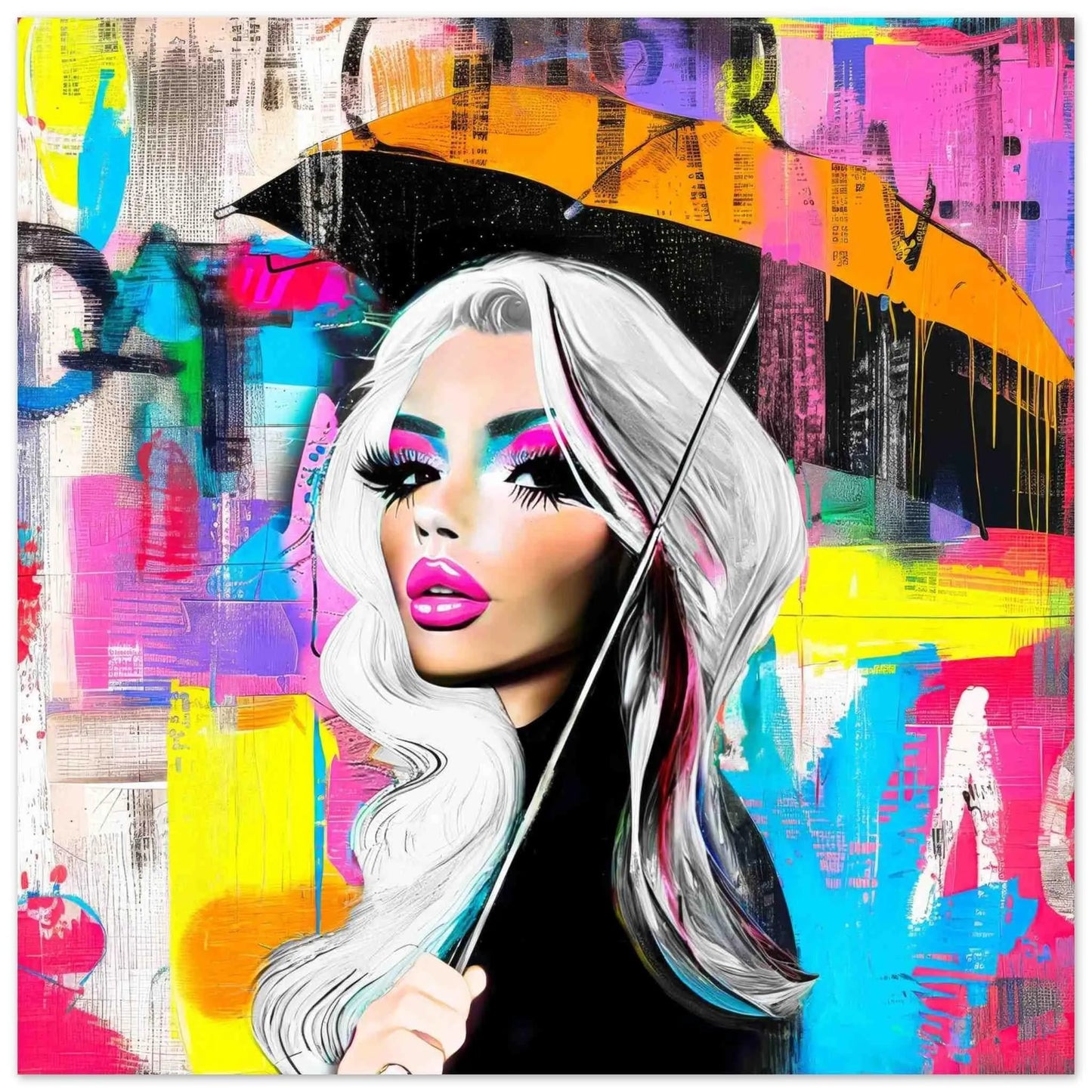 Art print of Silver-haired woman holding an orange umbrella against a backdrop of multi-colored dripping graffiti textures. Neon Umbrella Diva-Graphique Addictions.