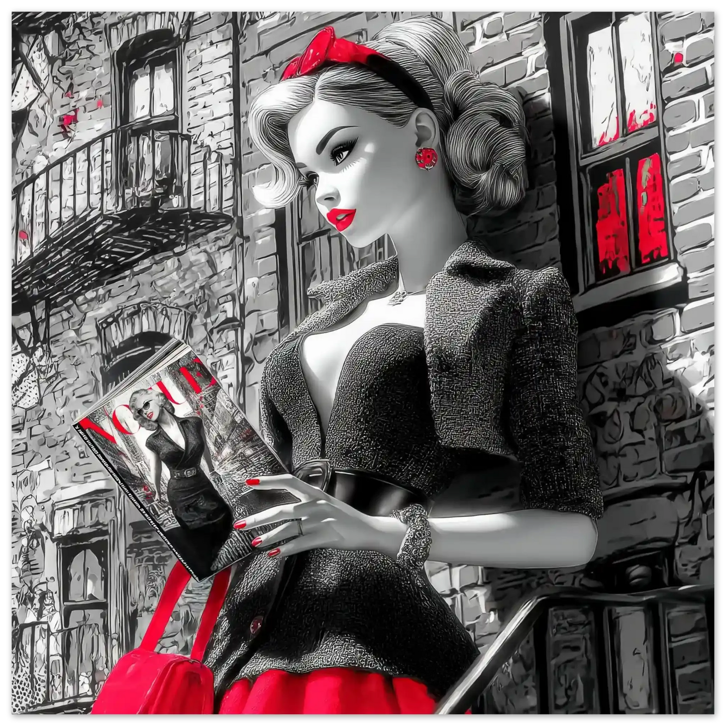 Black and white art of a fashion doll wearing a red skirt and black blazer, on a NYC street corner holding a magazine-28x28-inches-print-only-nyc-noir-doll, Graphique Addictions