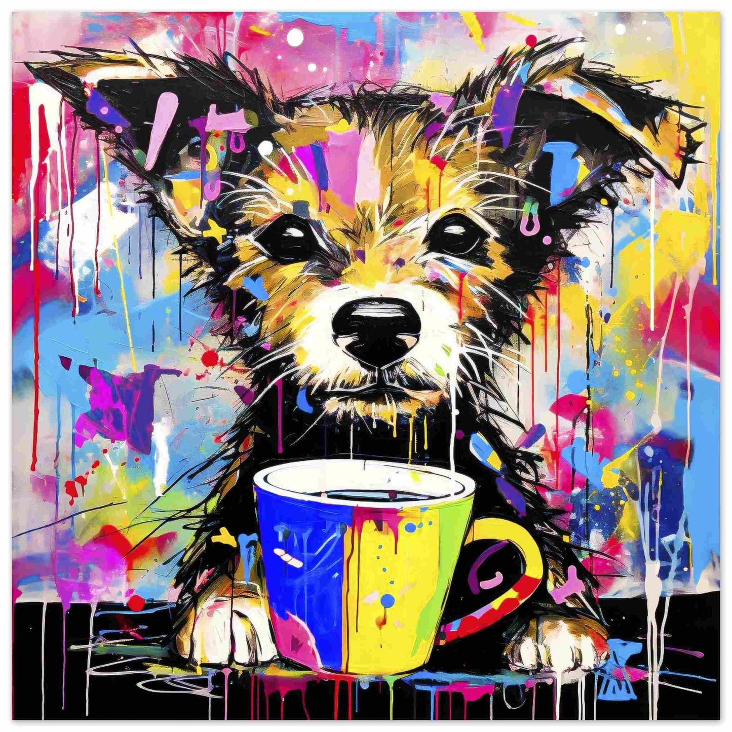 Art print of a puppy holding a cup of coffee with colorful paint splatters. Puppuccino Picasso-Graphique Addictions.