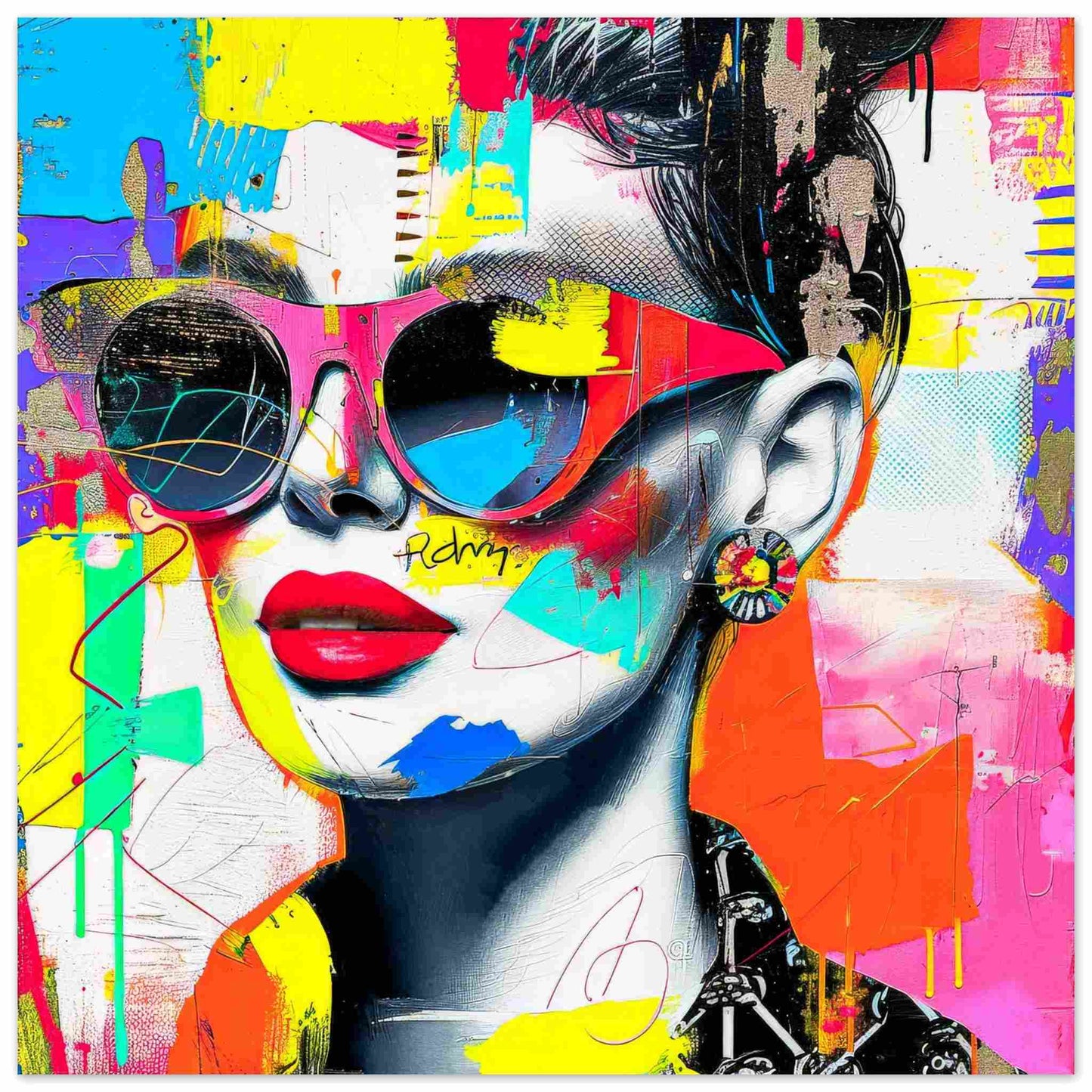 Portrait of a woman wearing sunglasses, red lips, and a bold earring against colorful abstract strokes, textures, and graffiti-inspired elements. Print Only-Shades of Compositions-Graphique Addictions
