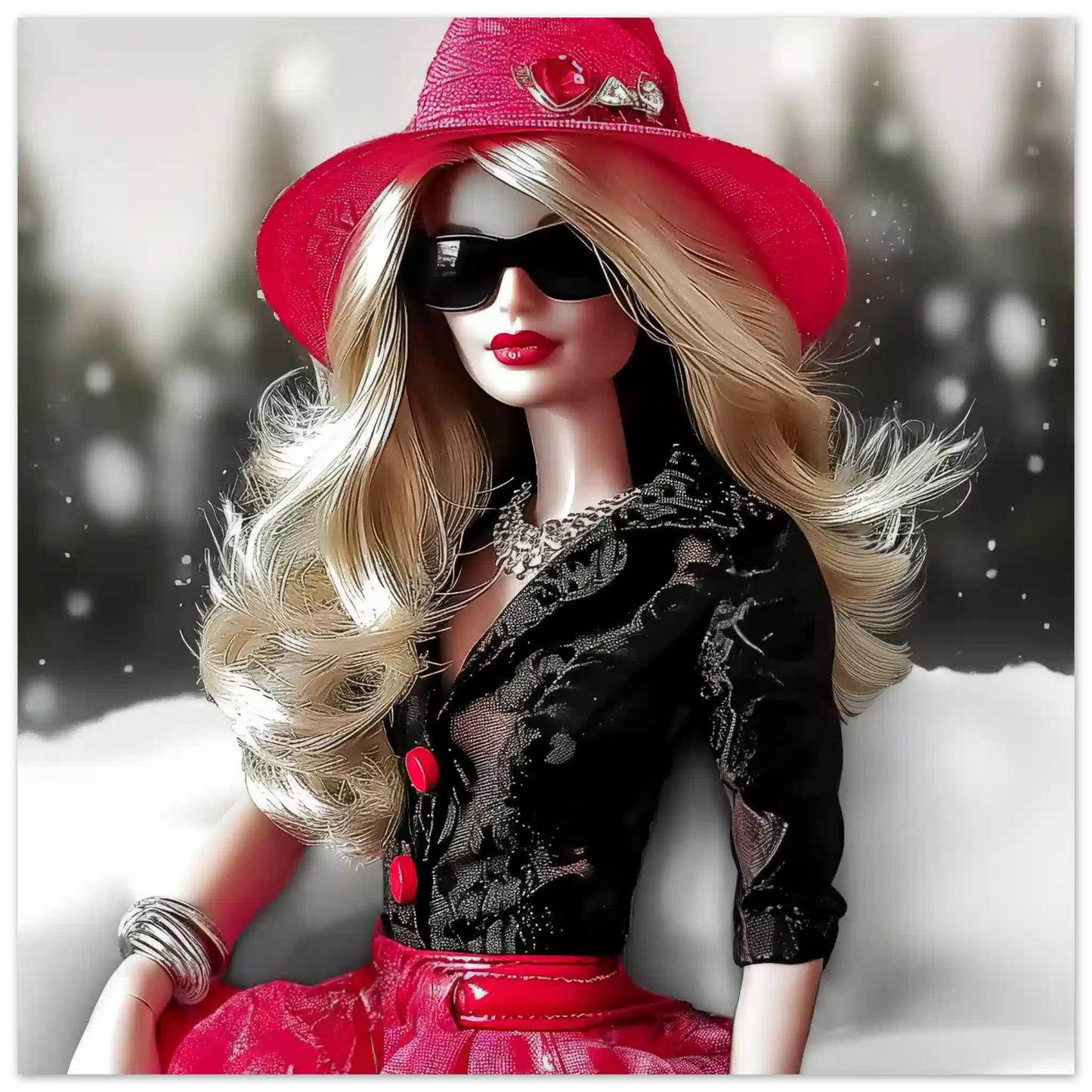 Art print of stylish barbie-inspired doll sitting in the snow, with long wavy blonde hair, wearing sunglasses and a red rhinestone hat and black lace top and a red skirt. Snowy Doll Dior-Graphique Addictions.
