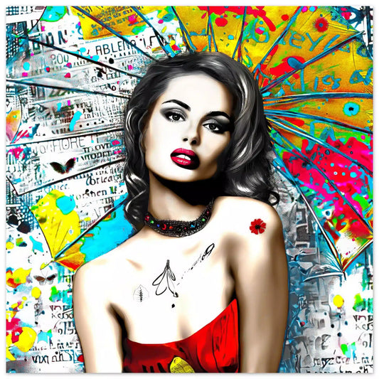 Art Print of woman against vibrant graffiti ink and vibrant colors. Umbrella Ink Pop-Graphique Addictions.