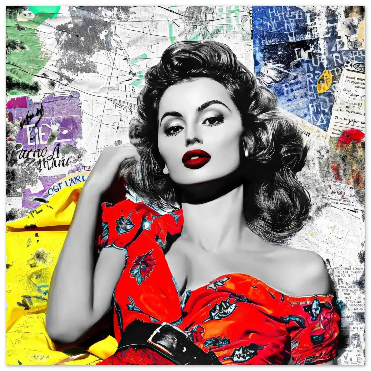 Sophia Lauren in red dress surrounded by colorful newspaper clippings and maps. Print Only-Vintage Starlet-Graphique Addictions
