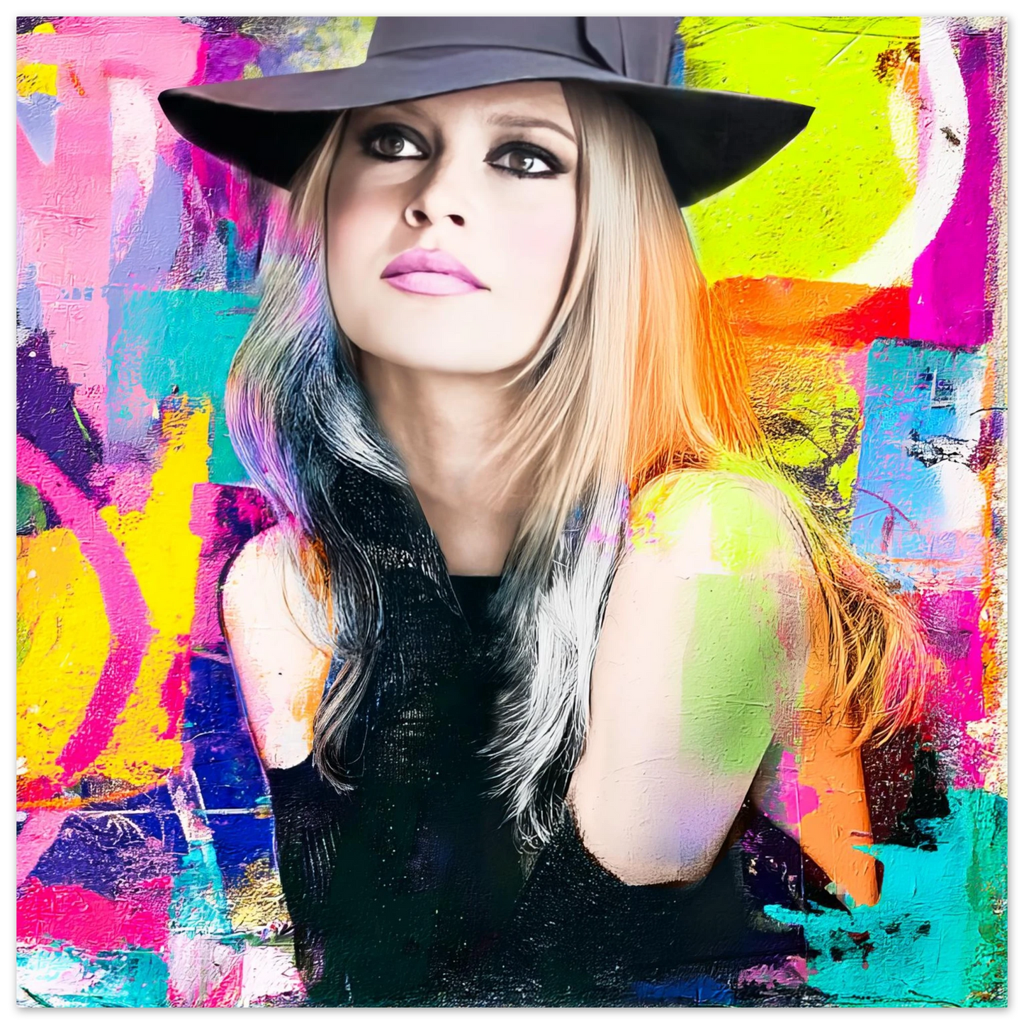art print of Brigitte Bardot wearing a black hat and black top with a background of vibrant colors, mixed media, with paint splashes. Brigitte in Color-Graphique Addictions.