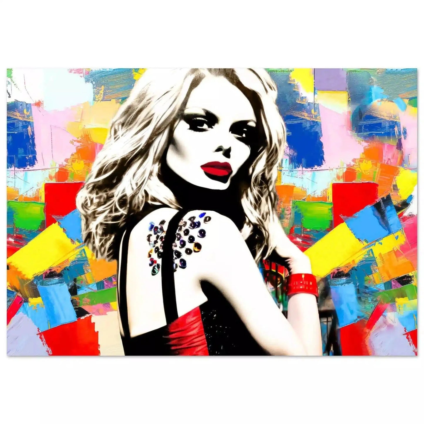 Aluminum print of Claudia Schiffer against a backdrop of multi-colored abstract geometric patterns wearing a black and red dress. Claudias Chromatic Cosmos-Graphique Addictions.