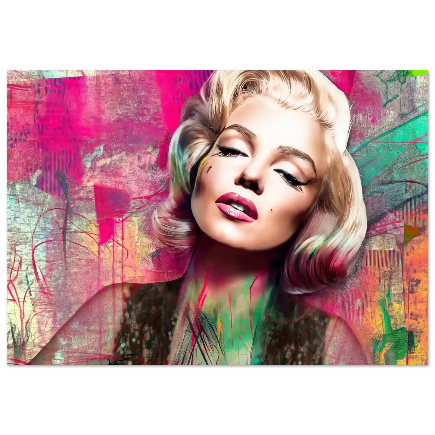 Abstract portrait of Marilyn Monroe with pink lips and lime green graffiti-style background-28x40-inches-aluminum-print-marilyns-candy-lime, Graphique Addictions