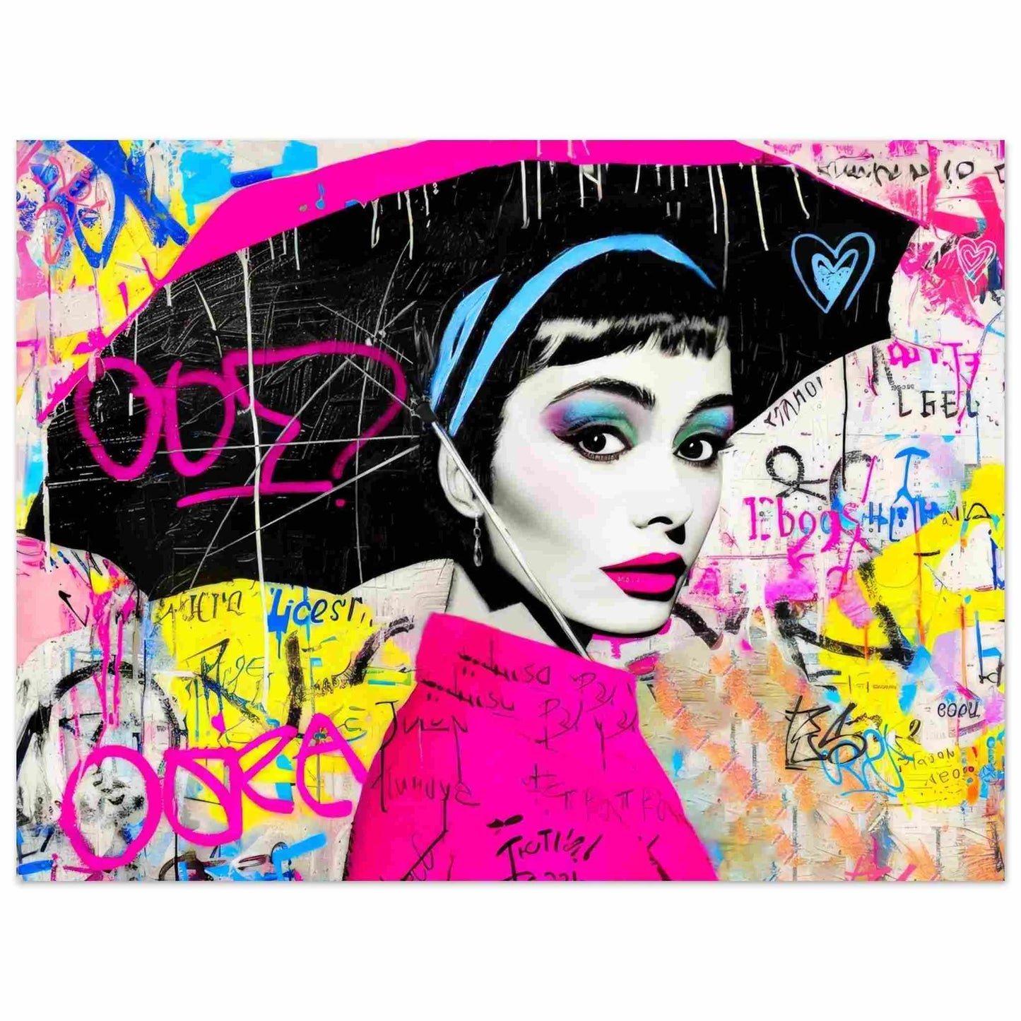 Art print of colorful graffiti pop art portrait of Audrey Hepburn holding an umbrella. Graffiti Drizzle, Graphique Addictions.