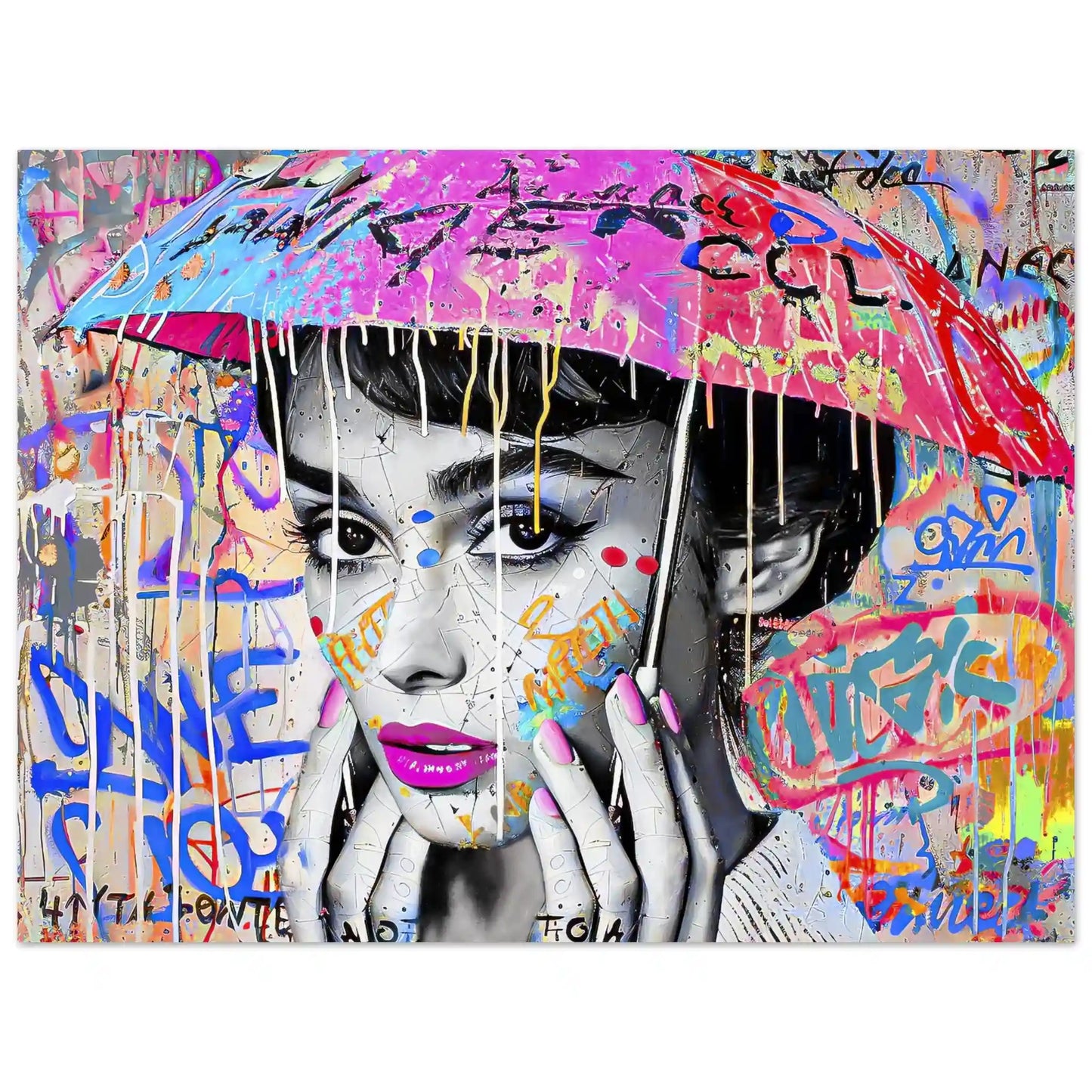 Art print of Audrey Hepburn with an umbrella over her head with colorful graffiti and paint. Splash of Street Style-Graphique Addictions.