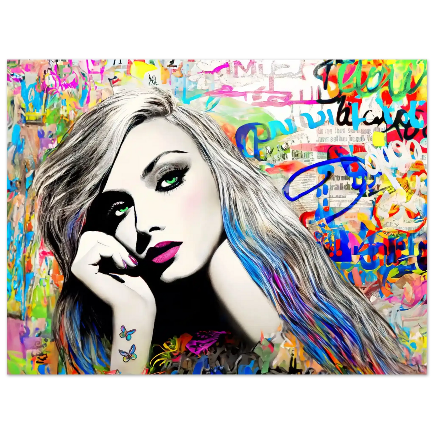 Art print of a woman with long colorful streaked hair and green eyes against colorful graffiti. Splash of Vibrance-Graphique Addictions.