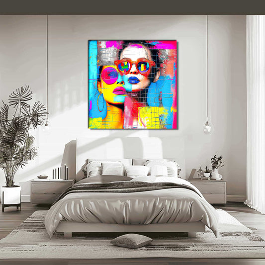 Bedroom wall decor of colorful geometric art collage of woman with sunglasses. Abstract Duo-Graphique Addictions.