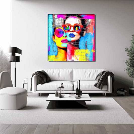 Living room wall decor of colorful geometric art collage of woman with sunglasses. Abstract Duo-Graphique Addictions.