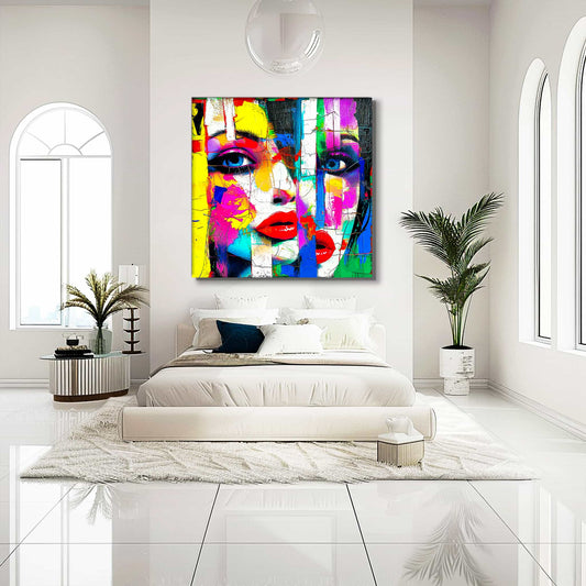 Bedroom wall decor of woman's face composed of geometric shapes in vibrant colors, aluminum print. Abstract-Femme, Graphique Addictions.