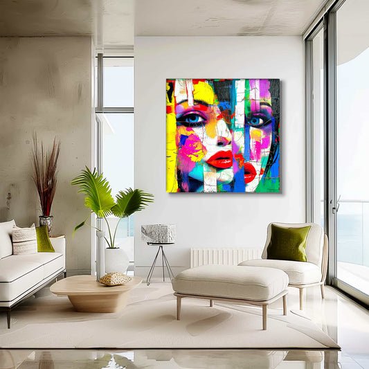 Living room wall decor of woman's face composed of geometric shapes in vibrant colors, aluminum print. Abstract-Femme, Graphique Addictions.