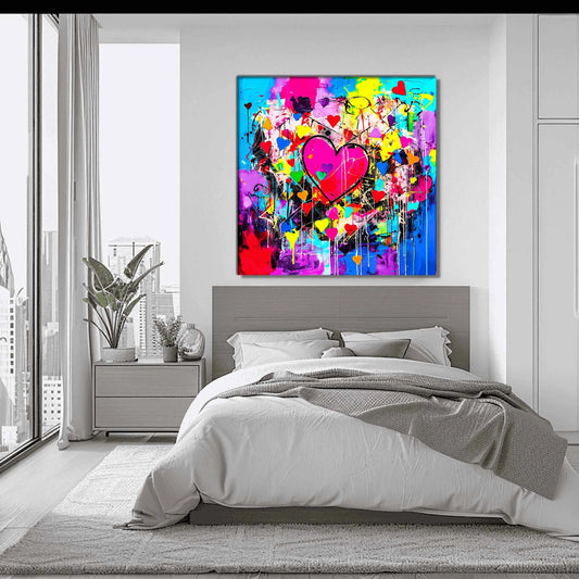 Bedroom wall mockup of large pink heart surrounded by smaller hearts and paint splashes, aluminum print. Abstract Heart Splatters, Graphique Addictions.
