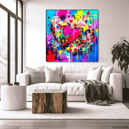 Living room wall mockup of large pink heart surrounded by smaller hearts and paint splashes, aluminum print. Abstract Heart Splatters, Graphique Addictions.