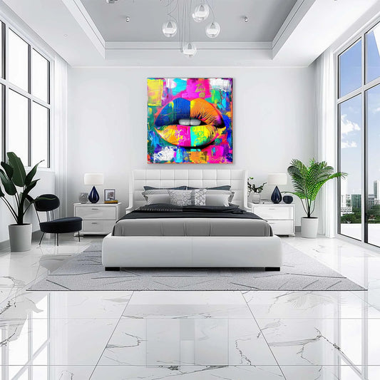 Bedroom mockup of neon colorful abstract painted graffiti lips. Abstract Graffiti Kiss-Graphique Addictions.