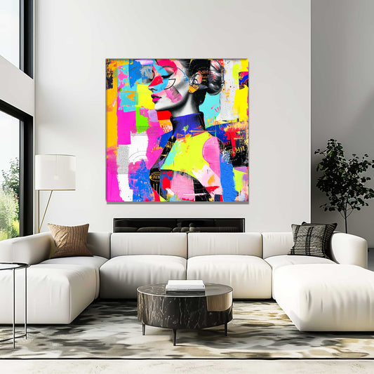 Abstract Radiance: Living room mockup collage of neon colored geometric shapes of woman wearing a colorful abstract turtleneck, Graphique Addictions.