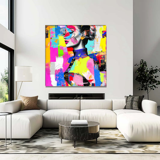 Abstract Radiance: Living room mockup collage of neon colored geometric shapes of woman wearing a colorful abstract turtleneck, Graphique Addictions.