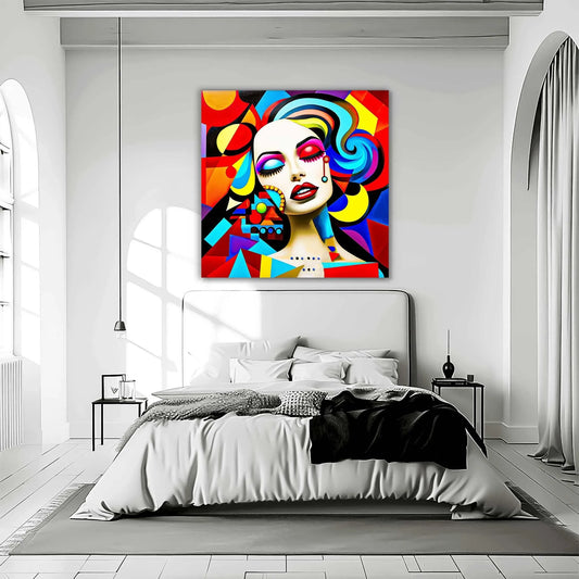 Abstract art of a woman, with bold geometric shapes and cubism details bedroom wall decor. Abstract Temptress-Graphique Addictions.