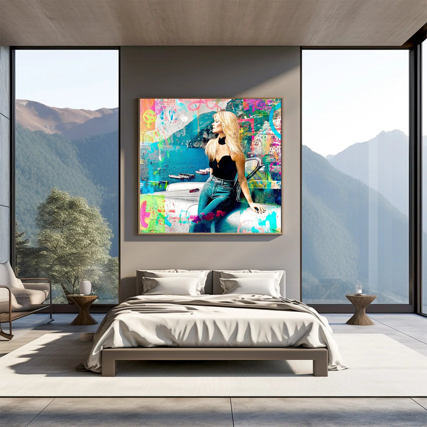 bedroom mockup of a collage art painting of brigitte bardot in italy at the coast of amalfi leaning against a white corvette-amalfi-coast-pop-framed-print, Graphique Addictions