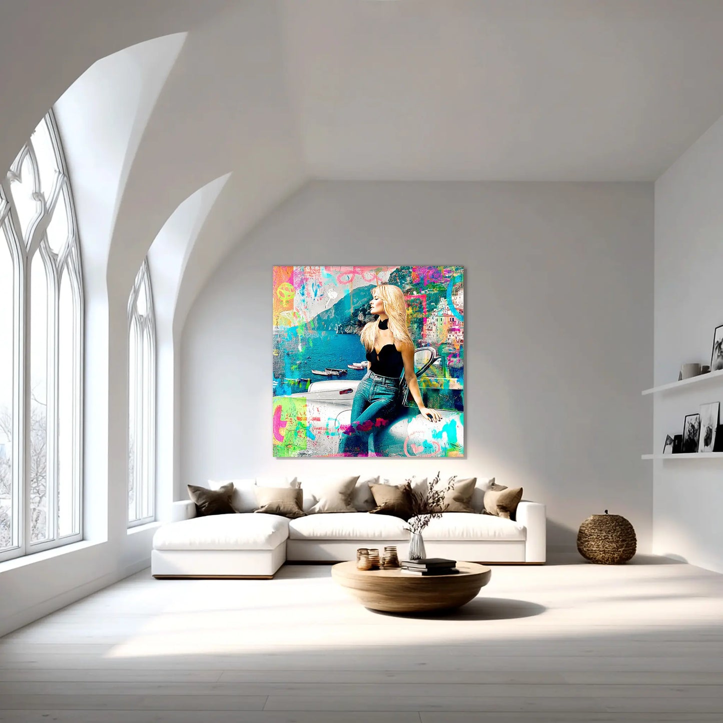 living room mockup of a collage art painting of brigitte bardot in italy at the coast of amalfi leaning against a white corvette-amalfi-coast-pop-framed-print, Graphique Addictions