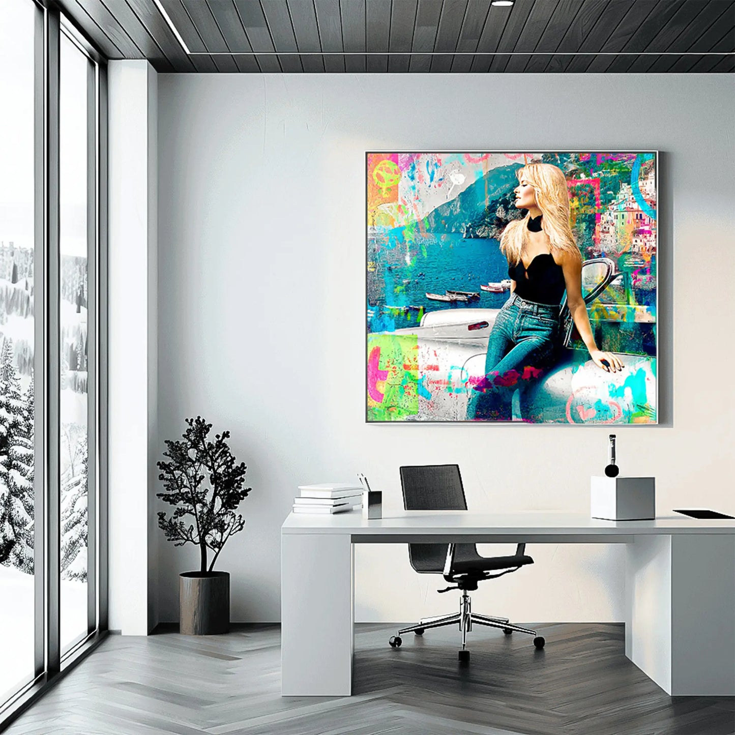office wall decor collage art painting of brigitte bardot in italy at the coast of amalfi leaning against a white corvette amalfi-coast-pop-framed-print, Graphique Addictions