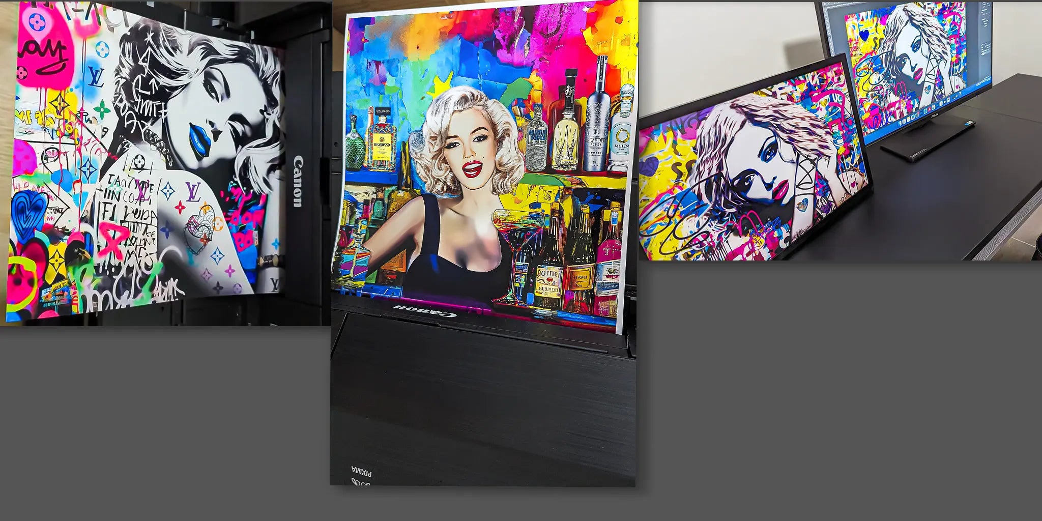 About us banner showcasing vibrant graffiti and abstract art prints printed from a Canon printer. The print on the right is positioned next to a monitor, demonstrating the printed color accuracy between the digital image and the final printed artwork for Graphique Addictions.