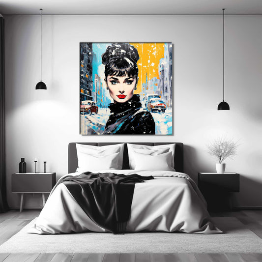 Frosty Elegance: Bedroom mockup of Audrey Hepburn in a black turtleneck, standing on a snowy city street with vintage cars-Graphique Addictions.