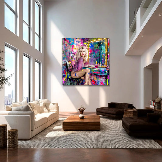 Brigitte Bardot wearing a pink bodysuit, sitting at a vanity table with perfume bottles and makeup, in front of a graffiti-covered wall-living room wall decor-Graphique Addictions.