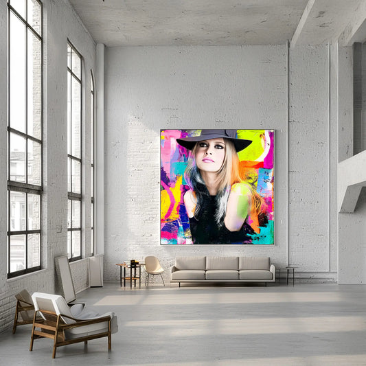 loft mockup of Brigitte Bardot wearing a black hat and black top with a background of vibrant colors, mixed media, with paint splashes. Brigitte in Color-Graphique Addictions.