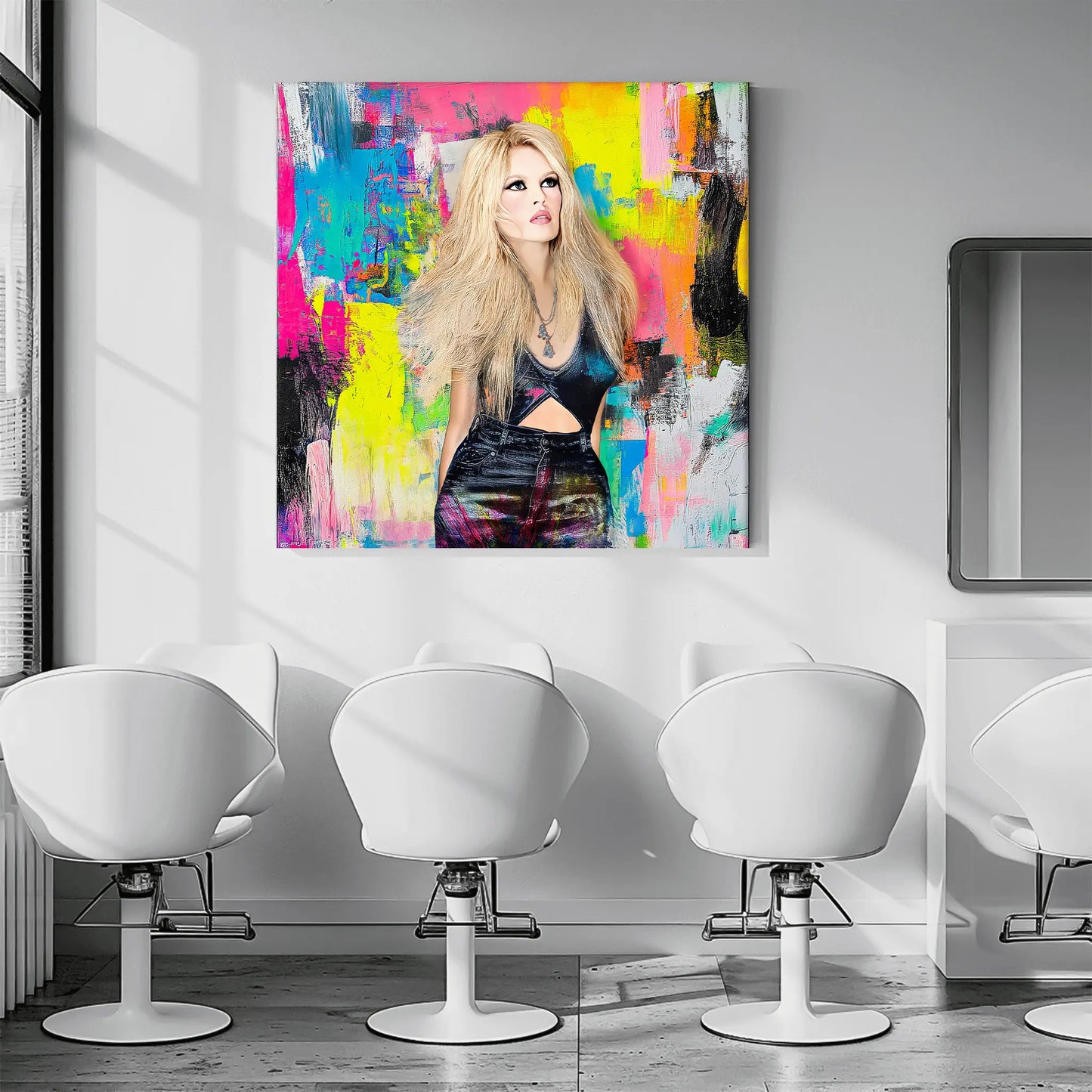 office wall decor art print of brigitte bardot wearing black jeans and top against a vibrant abstract painting of colorful brushsrokes-graphique addictions