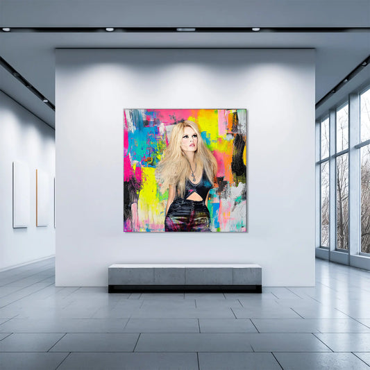 hallway wall decor art print of brigitte bardot wearing black jeans and top against a vibrant abstract painting of colorful brushsrokes-graphique addictions-black-wooden-framed-print-brushstroke-bardot, Graphique Addictions