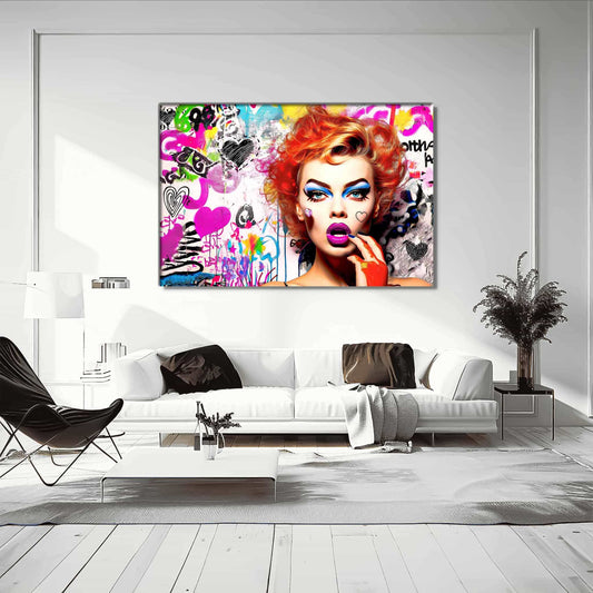 Chic Chaos: Living room mockup of red-haired woman against a backdrop of colorful graffiti art, hearts, and butterflies-Graphique Addictions.