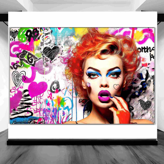 Chic Chaos: Art gallery mockup of red-haired woman against a backdrop of colorful graffiti art, hearts, and butterflies-Graphique Addictions.