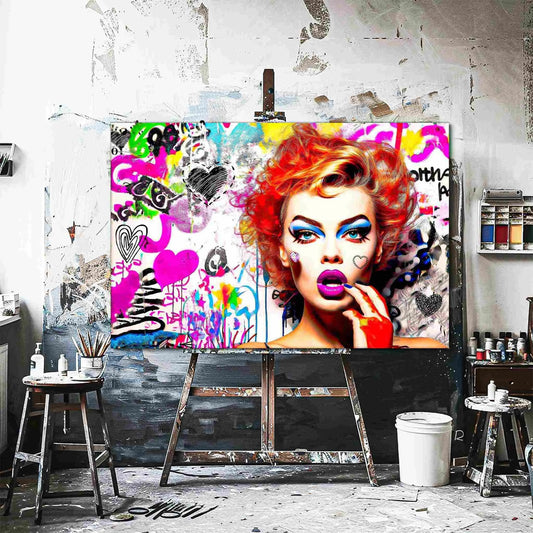 Chic Chaos: Art studio mockup of red-haired woman against a backdrop of colorful graffiti art, hearts, and butterflies-Graphique Addictions.